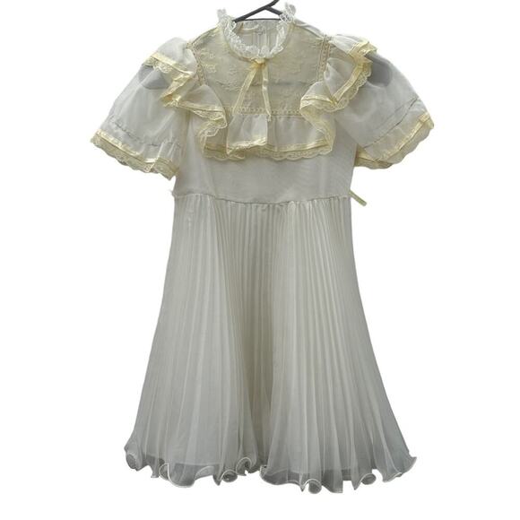 Vintage Union Made Girls Dress Size 7 Ruffle Lace Pleated Short Sleeve 80s Style - Picture 1 of 16